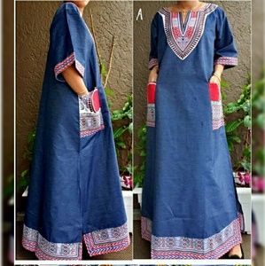 DENIM DRESS WITH DASHIKI TRIM